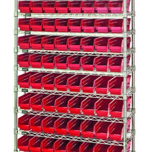 The Quantum Bin Wire Shelving System, with 12 wire shelves and 88 QSB103 red bins, measures 36W x 18D x 74H. Its freestanding design offers an efficient way to organize small items, each tier spaced for a grid-like appearance. Chrome plated, it supports up to 800 lbs per shelf.