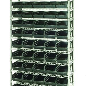 The Quantum Bin Wire Shelving System, with a chrome-plated finish, measures 36W x 18D x 74H. It includes 12 wire shelves, each supporting 800 lbs., and comes with four posts and 55 QSB104 black bins, offering a sleek and organized appearance.