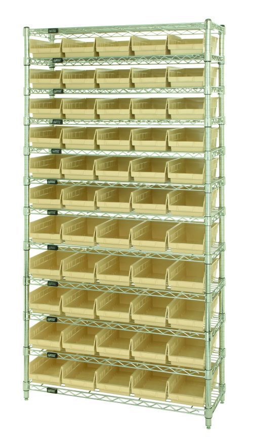 WR12-104_IV.jpg The Quantum Bin Wire Shelving System is a chrome-plated, tall shelving unit measuring 36W x 18D x 74H. It features 12 wire shelves on four posts, holding up to 800 lbs each, and includes 55 QSB104 ivory bins for organized storage of small items.
