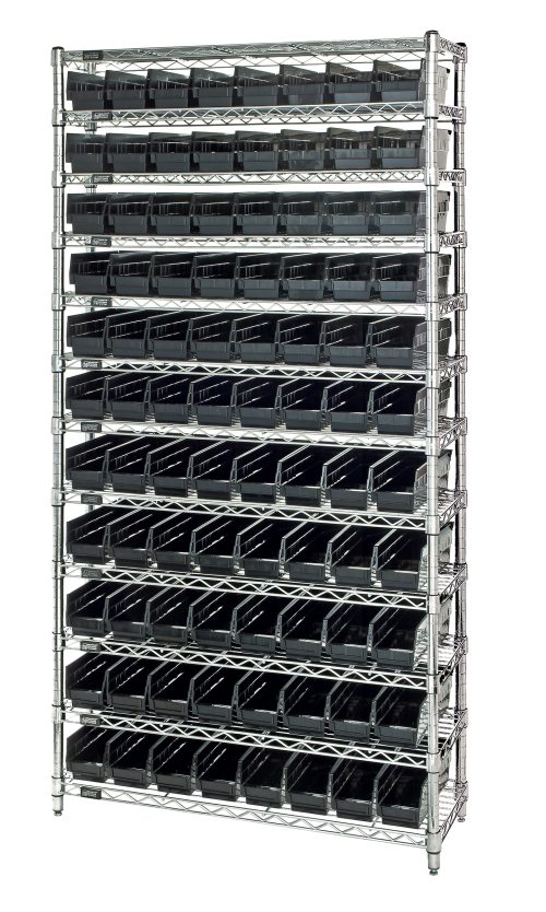 The Quantum Bin Wire Shelving System, measuring 36W x 24D x 74H with a chrome-plated finish, includes four posts and twelve shelves. It holds up to 800 lb. per shelf and comes with 88 QSB105 black bins, making it ideal for efficient organization of small items.