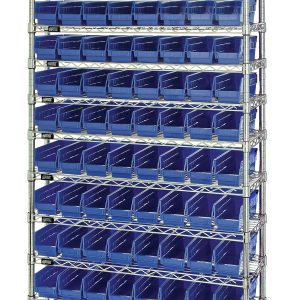 The Quantum Bin Wire Shelving System, measuring 36W x 24D x 74H, features eight tiers with 12 wire shelves and includes 88 QSB105 blue bins. Each shelf holds up to 800 lbs., and the open-front bins ensure easy access. The chrome plated, wheeled design allows for enhanced mobility and organization.