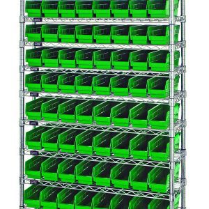 The Quantum Bin Wire Shelving System measures 36W x 24D x 74H and has an 800 lb. capacity per shelf. It features a chrome-plated finish, 12 wire shelves, four posts, and includes 88 QSB105 green bins for efficient storage in a sturdy grid-like structure.