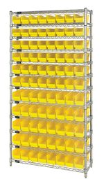 The Quantum Bin Wire Shelving System measures 36W x 24D x 74H and supports up to 800 lbs. per shelf. It includes four posts, twelve wire shelves, and eighty-eight QSB105 yellow bins with a chrome-plated finish for optimal storage and organization.