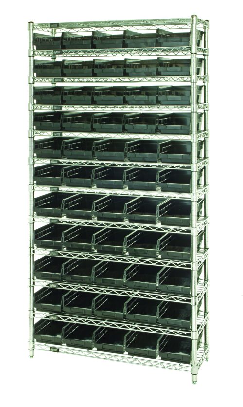 The Quantum Bin Wire Shelving System, measuring 36W x 24D x 74H, features a grid-like design with a chrome-plated finish. It includes (12) wire shelves, each supporting up to 800 lbs., (4) posts, and (55) Qsb106 black bins for efficient organization.