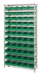 The Quantum Bin Wire Shelving System, measuring 36W x 24D x 74H, includes twelve chrome-plated wire shelves with a robust industrial design, four sturdy posts, and fifty-five QSB106 green bins for organized storage. Each shelf supports up to 800 lbs.