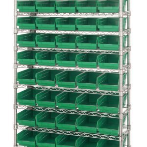 The Quantum Bin Wire Shelving System, measuring 36W x 24D x 74H, includes twelve chrome-plated wire shelves with a robust industrial design, four sturdy posts, and fifty-five QSB106 green bins for organized storage. Each shelf supports up to 800 lbs.