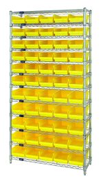 The Quantum Bin Wire Shelving System, 36W X 24D X 74H, with a chrome finish and (12) shelves supported by (4) posts, holds an 800 lb. per shelf capacity and includes (55) QSB106 yellow bins, perfect for organizing small items in industrial or workshop environments.