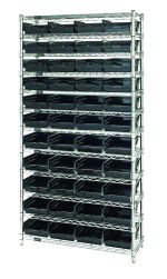 The Quantum Bin Wire Shelving System, conductive and chrome-plated, measures 36W x 12D x 74H. It includes 12 wire shelves, four posts, and 44 QSB107 bins in multiple colors. With an 800 lb capacity per shelf, its ideal for organized storage.