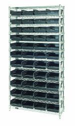 The Quantum Bin Wire Shelving System, with an open industrial design, measures 36W x 12D x 74H. It includes (12) wire shelves, (4) posts, and (44) QSB107 black bins, offering an 800 lb. capacity per shelf and a chrome-plated finish for efficient organization.