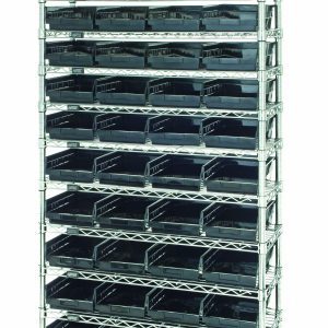 The Quantum Bin Wire Shelving System, with an open industrial design, measures 36W x 12D x 74H. It includes (12) wire shelves, (4) posts, and (44) QSB107 black bins, offering an 800 lb. capacity per shelf and a chrome-plated finish for efficient organization.