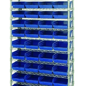 The Quantum Bin Wire Shelving System measures 36W x 12D x 74H, supports 800 lbs per shelf, and includes (12) wire shelves, (4) posts, and (44) QSB107 blue bins. It features a chrome-plated finish for easy organization and access.