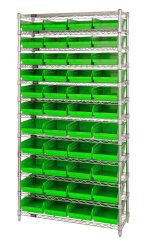 The Quantum Bin Wire Shelving System is a chrome-plated unit measuring 36W x 12D x 74H. It features 12 wire shelves, four posts, and includes 44 vibrant green QSB107 bins. Each shelf has an impressive capacity of 800 lbs., highlighting the systems organizational prowess.