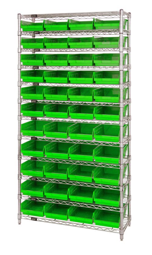 WR12-107_GN.jpg The Quantum Bin Wire Shelving System is a chrome-plated unit measuring 36W x 12D x 74H. It features 12 wire shelves, four posts, and includes 44 vibrant green QSB107 bins. Each shelf has an impressive capacity of 800 lbs., highlighting the systems organizational prowess.