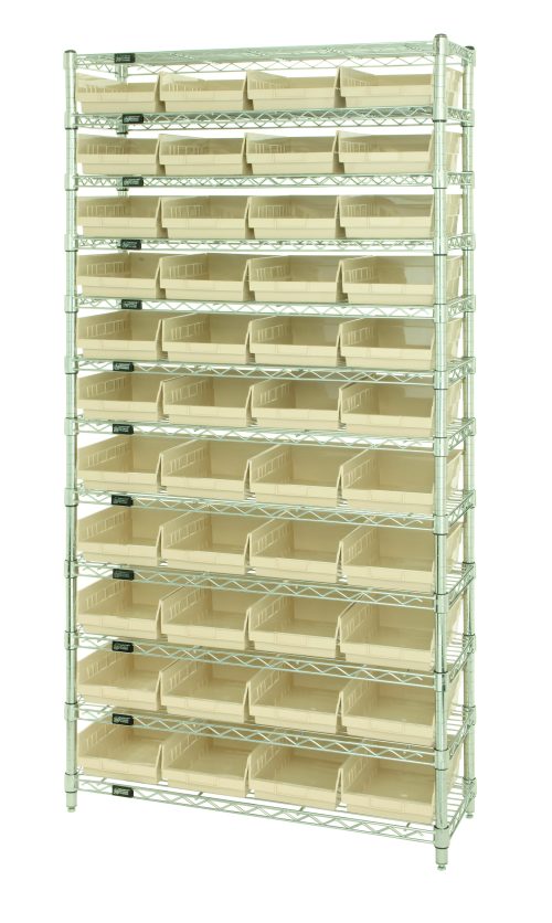 The Quantum Bin Wire Shelving System, sized 36W x 12D x 74H, includes 12 wire shelves & 44 QSB107 ivory bins. With an 800 lb capacity per shelf and chrome-plated finish, its perfect for organizing small items with clearly labeled bins for easy identification.