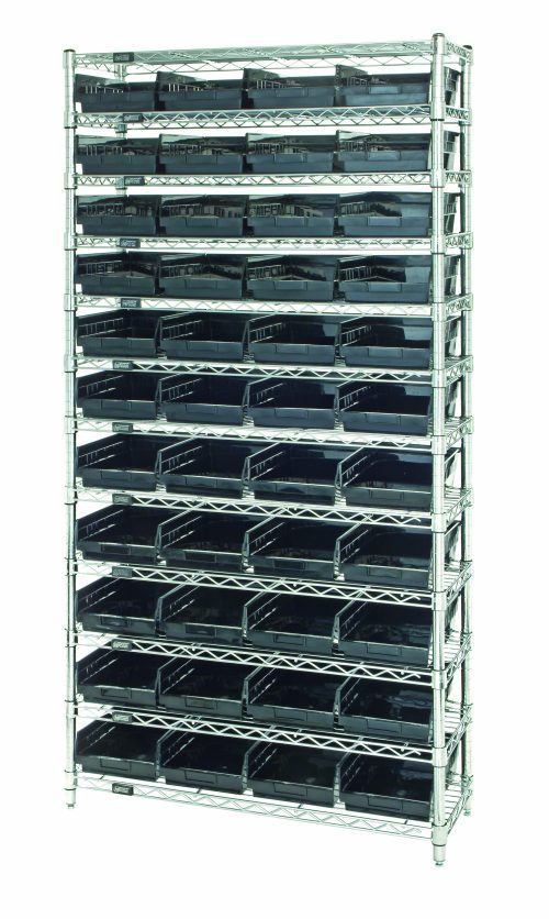 The Quantum Bin Wire Shelving System measures 36W x 18D x 74H, with an 800 lb. capacity per shelf. It features a chrome-plated finish, includes 12 wire shelves, 4 posts, and holds 44 Qsb108 black bins for organized storage.