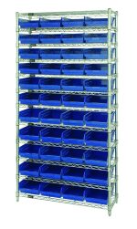 The Quantum Bin Wire Shelving System, measuring 36W x 18D x 74H, includes (12) wire shelves with an 800 lb capacity each. It features (44) QSB108 blue bins for optimal storage and organization efficiency and comes with (4) posts in a chrome-plated finish.