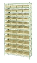 The Quantum Bin Wire Shelving System (36W x 18D x 74H) features 12 wire shelves and is supported by 4 posts with a capacity of 800 lbs per shelf. It includes a chrome-plated finish and comes with 44 ivory QSB108 bins, neatly arranged and evenly spaced on the shelves.