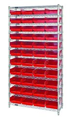 The Quantum Bin Wire Shelving System, measuring 36W x 18D x 74H, features 12 chrome-plated shelves and four posts with a holding capacity of 800 lbs per shelf. It includes 44 Qsb108 red bins for organized and accessible storage.
