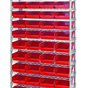 The Quantum Bin Wire Shelving System, measuring 36W x 18D x 74H, features 12 chrome-plated shelves and four posts with a holding capacity of 800 lbs per shelf. It includes 44 Qsb108 red bins for organized and accessible storage.