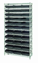 The Quantum Bin Wire Shelving System, featuring a chrome-plated finish, measures 36W x 12D x 74H and includes (12) wire shelves, (4) posts, and (33) QSB109 black bins. Each shelf supports up to 800 lbs., making it perfect for storage organization.
