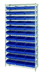 The Quantum Bin Wire Shelving System, measuring 36W x 12D x 74H, holds up to 800 lb. per shelf. It features a chrome finish, twelve wire shelves, four posts, and includes thirty-three QSB109 blue bins for organized storage.