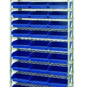The Quantum Bin Wire Shelving System, measuring 36W x 12D x 74H, holds up to 800 lb. per shelf. It features a chrome finish, twelve wire shelves, four posts, and includes thirty-three QSB109 blue bins for organized storage.