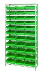The Quantum Bin Wire Shelving System measures 36W x 12D x 74H and includes 12 wire shelves, holding up to 800 lbs each, with four posts and 33 QSB109 green bins. Its chrome-plated finish and open design make it a simple yet functional solution for organizing various items.