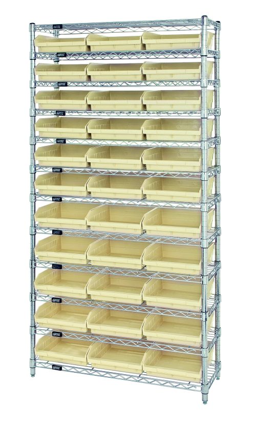 The Quantum Bin Wire Shelving System offers a chrome-plated, sleek metal design with 12 wire shelves and 33 ivory bins. Its overall size is 36W x 12D x 74H, boasting an impressive capacity of 800 lbs per shelf, ensuring organized storage with perfectly spaced grid-patterned bins.
