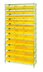 The Quantum Bin Wire Shelving System, measuring 36W x 12D x 74H, features four posts and supports twelve wire shelves with an 800 lb. capacity each. It includes thirty-three QSB109 yellow bins with open fronts for easy access, ensuring sturdy and efficient organization or storage.