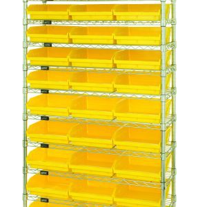 The Quantum Bin Wire Shelving System, measuring 36W x 12D x 74H, features four posts and supports twelve wire shelves with an 800 lb. capacity each. It includes thirty-three QSB109 yellow bins with open fronts for easy access, ensuring sturdy and efficient organization or storage.