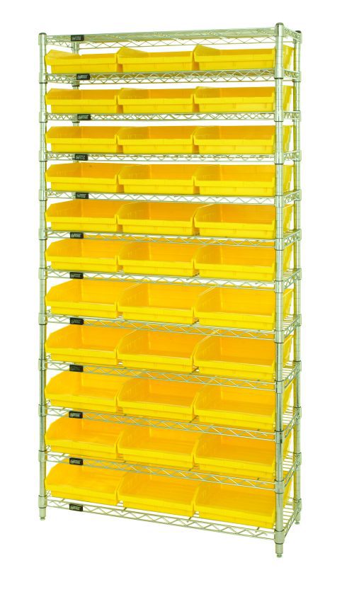 WR12-109_YL.jpg The Quantum Bin Wire Shelving System, measuring 36W x 12D x 74H, features four posts and supports twelve wire shelves with an 800 lb. capacity each. It includes thirty-three QSB109 yellow bins with open fronts for easy access, ensuring sturdy and efficient organization or storage.