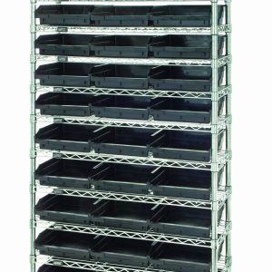 The Quantum Bin Wire Shelving System offers 12 chrome-plated wire shelves and four posts, accommodating 33 QSB1109 black bins. With its dimensions of 36W x 18D x 74H and an impressive capacity of 800 lbs per shelf, it is ideal for compact organization and efficient storage solutions.