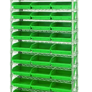 The Quantum Bin Wire Shelving System, 36W x 18D x 74H, includes four posts and twelve wire shelves that hold thirty-three QSB1109 green bins. The chrome-plated frame features a stylish grid pattern and supports up to 800 lbs per shelf for organized storage.