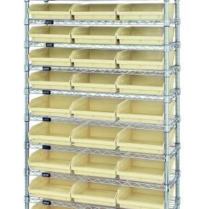 The Quantum Bin Wire Shelving System is chrome-plated and measures 36W x 18D x 74H. It supports 800 lbs per shelf and includes 12 wire shelves, four posts, and 33 QSB1109 ivory bins for organized storage.