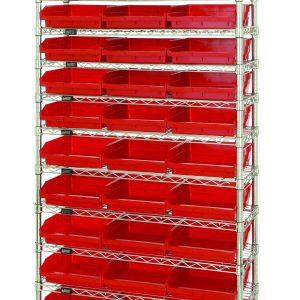 The Quantum Bin Wire Shelving System, measuring 36W x 18D x 74H, supports 800 lbs per shelf, includes (12) wire shelves and (4) posts, and holds (33) QSB1109 red bins. It features a chrome-plated finish against a white backdrop.