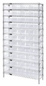 The Quantum Bin Wire Shelving System, measuring 36W x 24D x 74H, has a chrome-plated finish and features 12 wire shelves that can hold up to 800 lbs each. It includes four posts and comes with 44 QSB114 clear bins, offering a grid-like design for optimal organization or storage.