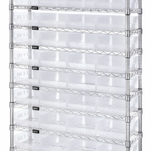 The Quantum Bin Wire Shelving System, measuring 36W x 24D x 74H, has a chrome-plated finish and features 12 wire shelves that can hold up to 800 lbs each. It includes four posts and comes with 44 QSB114 clear bins, offering a grid-like design for optimal organization or storage.