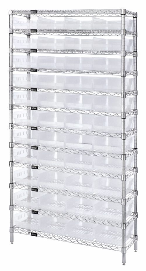 The Quantum Bin Wire Shelving System, measuring 36W x 24D x 74H, has a chrome-plated finish and features 12 wire shelves that can hold up to 800 lbs each. It includes four posts and comes with 44 QSB114 clear bins, offering a grid-like design for optimal organization or storage.