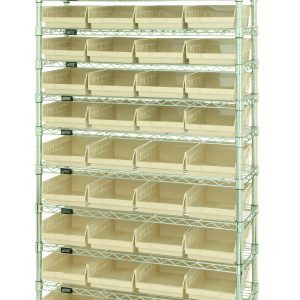 The Quantum Bin Wire Shelving System, measuring 36W x 24D x 74H, boasts 12 wire shelves supported by 4 posts, each shelf holding up to 800 lbs. It includes a chrome-plated finish and comes with 44 ivory Qsb114 bins for neat organization.