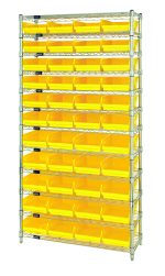 The Quantum Bin Wire Shelving System has a 36W x 24D x 74H size, featuring a chrome finish with 12 wire shelves, each holding up to 800 lbs. It also includes four posts and forty-four QSB114 yellow bins for organized access.