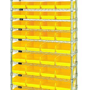 The Quantum Bin Wire Shelving System has a 36W x 24D x 74H size, featuring a chrome finish with 12 wire shelves, each holding up to 800 lbs. It also includes four posts and forty-four QSB114 yellow bins for organized access.