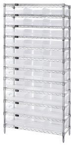The Quantum Bin Wire Shelving System, measuring 36W x 24D x 74H, includes 12 wire shelves and 33 clear QSB116 bins, supported by four chrome-plated posts. Each shelf supports up to 800 lbs., facilitating organized storage with black labels for each bin.