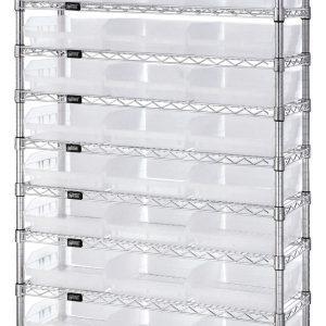 The Quantum Bin Wire Shelving System, measuring 36W x 24D x 74H, includes 12 wire shelves and 33 clear QSB116 bins, supported by four chrome-plated posts. Each shelf supports up to 800 lbs., facilitating organized storage with black labels for each bin.