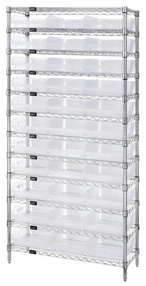 The Quantum Bin Wire Shelving System, measuring 36W x 24D x 74H, includes 12 wire shelves and 33 clear QSB116 bins, supported by four chrome-plated posts. Each shelf supports up to 800 lbs., facilitating organized storage with black labels for each bin.