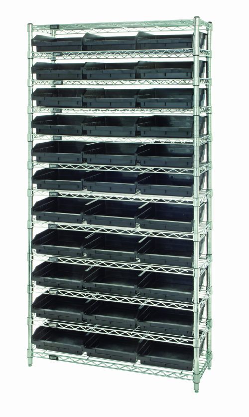 The Quantum Bin Wire Shelving System is a freestanding chrome-plated unit with a grid-like design, featuring 12 wire shelves and 33 QSB116 black bins. This system provides organized storage and offers an 800 lb. capacity per shelf in a sleek, tall structure.
