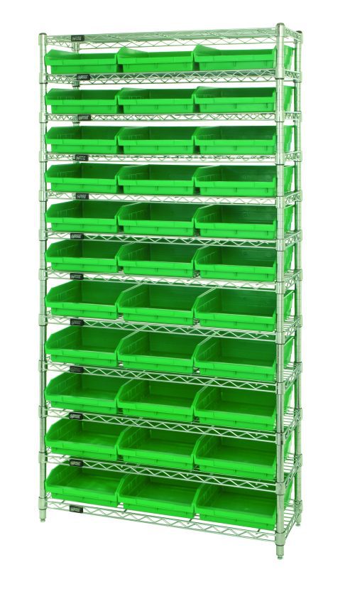 A tall shelving unit, the Quantum Bin Wire Shelving System, measures 36W x 24D x 74H, holds 33 green bins in six rows and features a simple open frame. Each bin is front accessible, with twelve wire shelves supporting up to 800 lbs each. Chrome plated finish included.