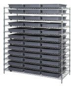 The Quantum Bin Wire Shelving System has a chrome-plated finish, measures 60L x 24D x 63H, supports 800 lbs per shelf, and includes 12 shelves and 36 DG93030 gray containers. Its shipped KD for easy assembly.