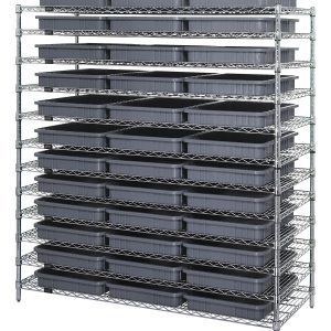 The Quantum Bin Wire Shelving System has a chrome-plated finish, measures 60L x 24D x 63H, supports 800 lbs per shelf, and includes 12 shelves and 36 DG93030 gray containers. Its shipped KD for easy assembly.