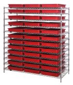 The Quantum Bin Wire Shelving System, 60L x 24D x 63H, chrome-plated with a load capacity of 800 lbs per shelf, features (12) shelves and an arrangement of (36) DG93030 red containers against a white backdrop.