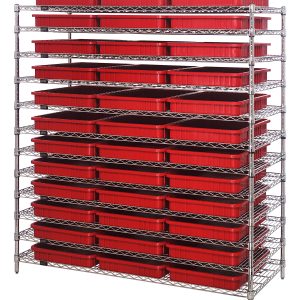 The Quantum Bin Wire Shelving System, 60L x 24D x 63H, chrome-plated with a load capacity of 800 lbs per shelf, features (12) shelves and an arrangement of (36) DG93030 red containers against a white backdrop.